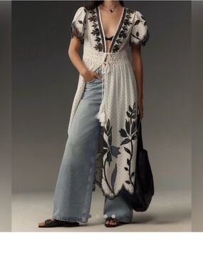 Anthropologie Ivory and Black Floral Maxi Duster